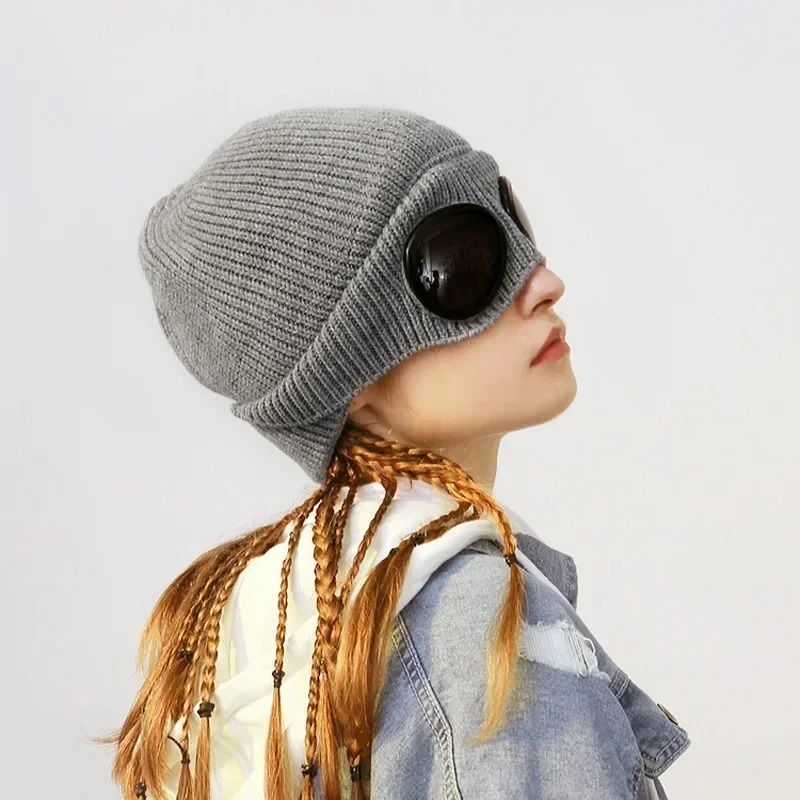 Premium Brimless Winter Hat with Goggles for Men & Women – Neutral Solid Color Skull Knitted Beanie