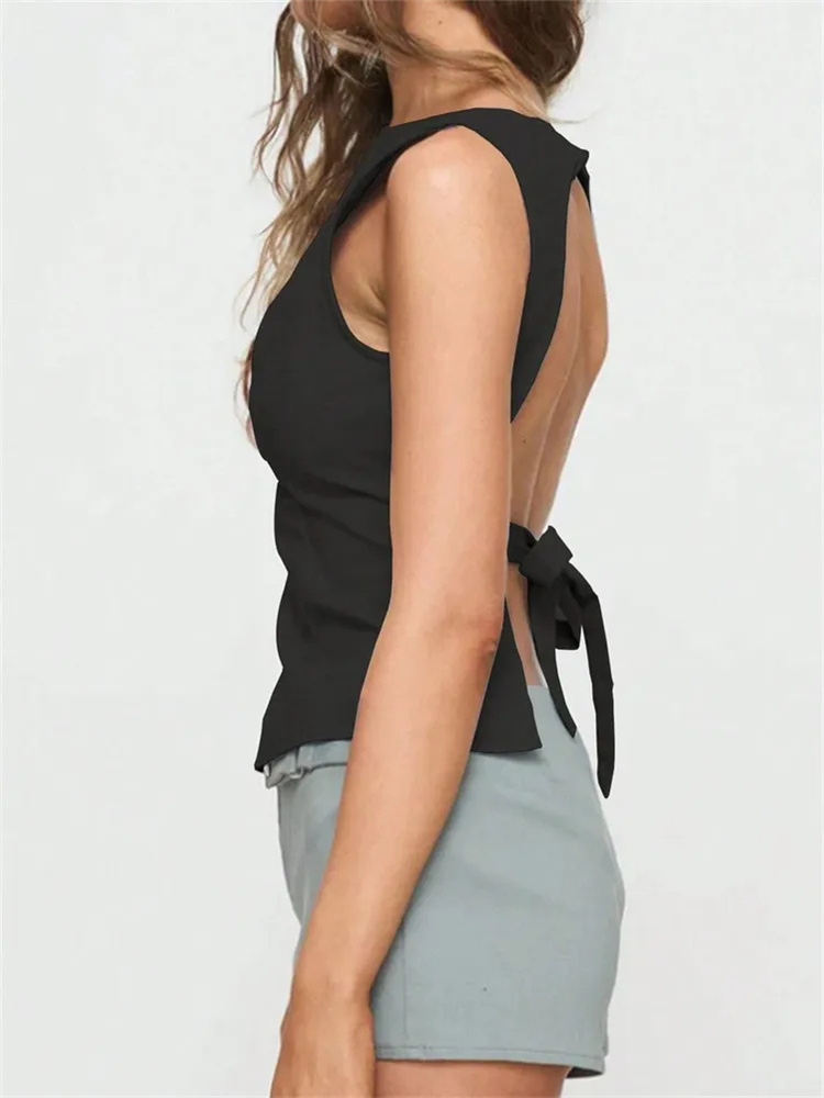 Sexy Solid Color Backless Tank Top for Summer, Women's Sleeveless Knot Tee, Streetwear Clothes