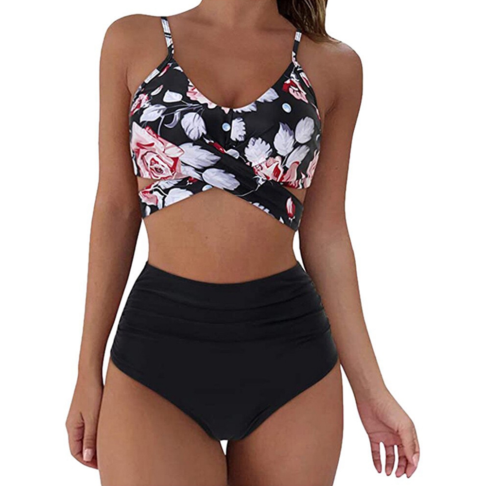 Women Slim Bikini Sets, High Waisted Sexy Swimwear, Solid Floral Ruched Brazilian Swimsuit, Cross Front