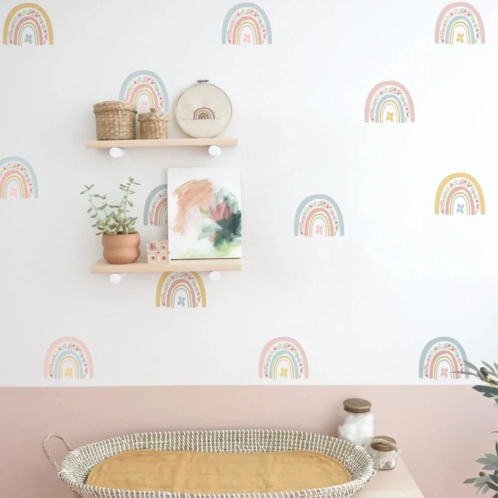 Rainbow Vinyl Wall Decals | 36pc Pastel Nursery Stickers | Professional Peel-and-Stick Creative Room Decor