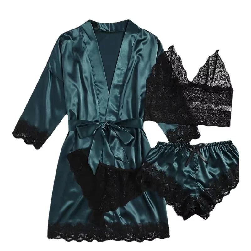 Womens Fashion Print Satin Pajama Set – Sexy Lace Trim Faux Silk Gown & Skin-Friendly Loungewear
