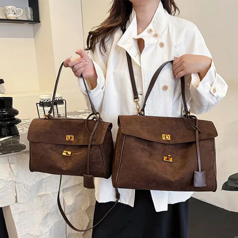 Luxury Suede Leather Messenger Bag with Gold Buckle, Soft Genuine Leather Shoulder Tote