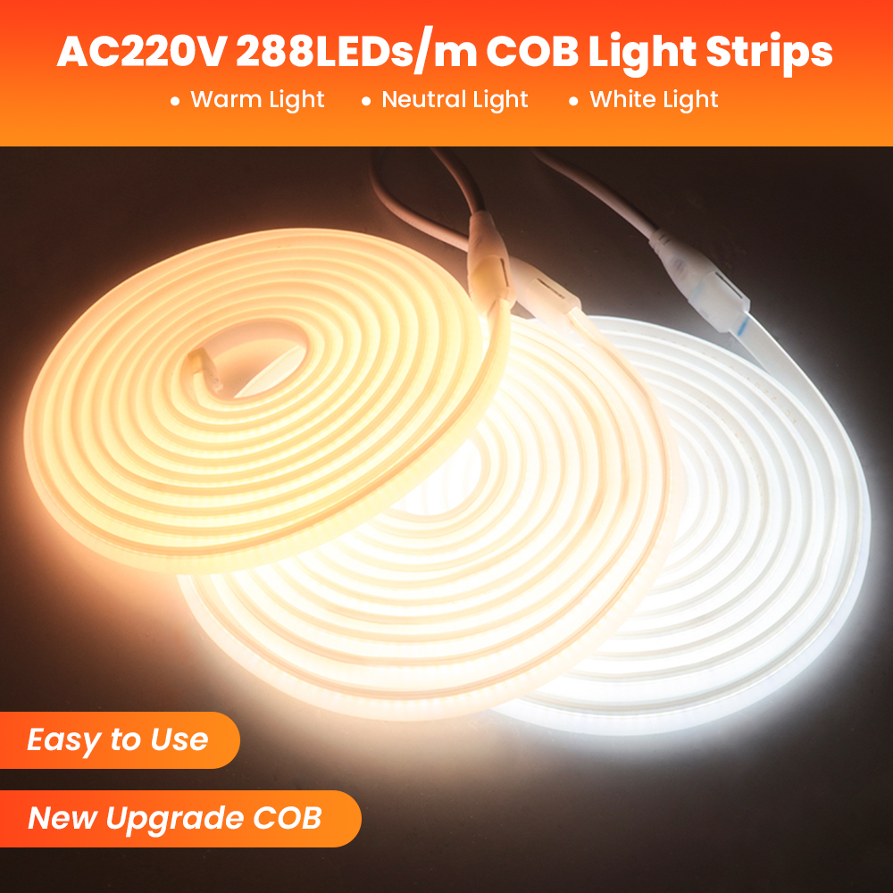 High Bright COB LED Strip Light, 288LEDs, Waterproof IP65 Silicone Neon Strip for Kitchen, Bedroom, Outdoor