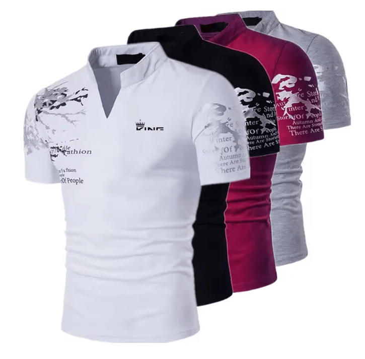 Mens Graphic Polo Shirt V Neck Short Sleeve Street Style