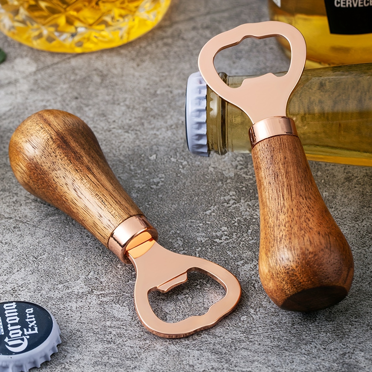 Portable Stainless Steel Bottle Opener, Wood Handle Drink Cap Lid Beer Bottle Opener, Easy to Carry Kitchen Gadget