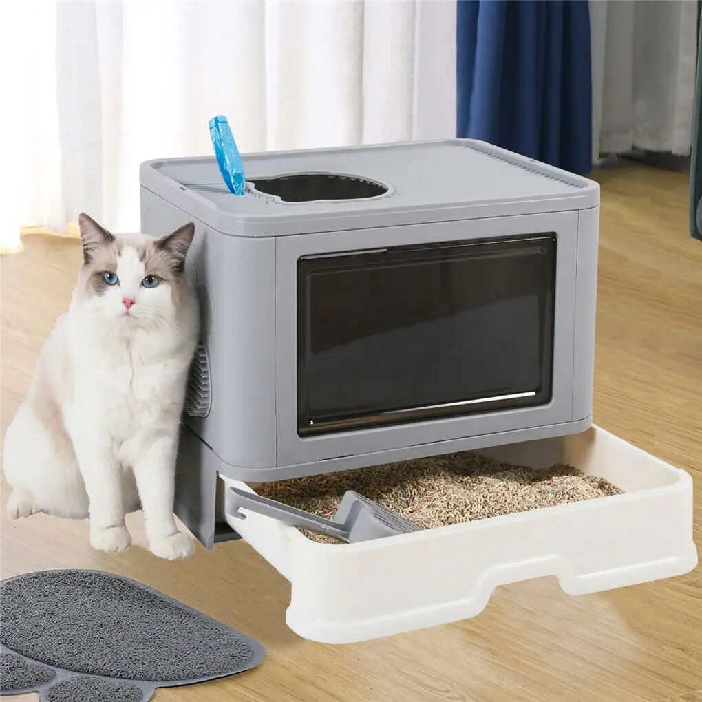 Foldable Cat Litter Box with Massager, Front Entry & Top Exit Toilet & Enclosed Litter Scoop