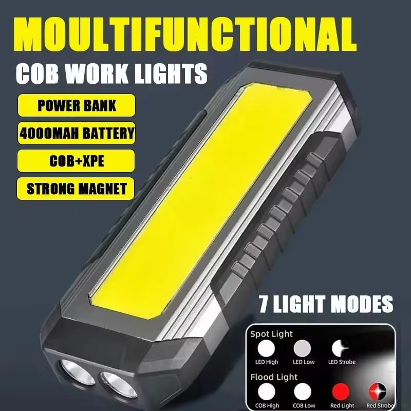 COB LED Work Light – USB Rechargeable Flashlight and Power Bank with Magnetic Base, Waterproof Portable Camping Lantern