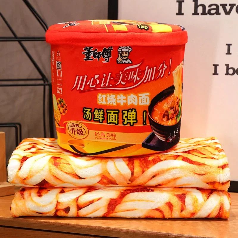 Bucket Instant Noodles Plush Pillow with Hidden Blanket – Ramen Stuffed Cushion Gift