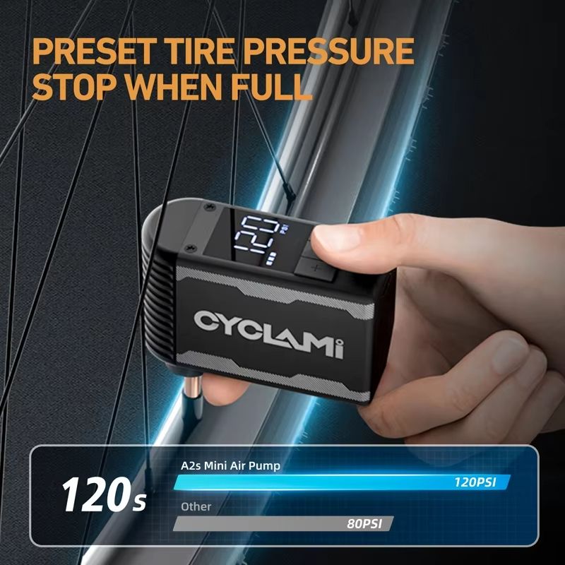 CYCLAMI 120PSI Portable Bike Electric Air Pump – Schrader & Presta Valve MINI Compressor for Fast Tire Inflation