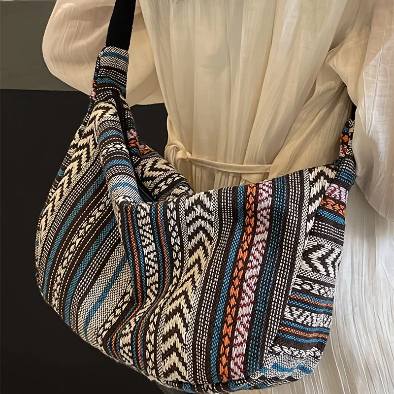 Tribal Crossbody Bag Foldable Striped Boho Shoulder Sling for Everyday Travel