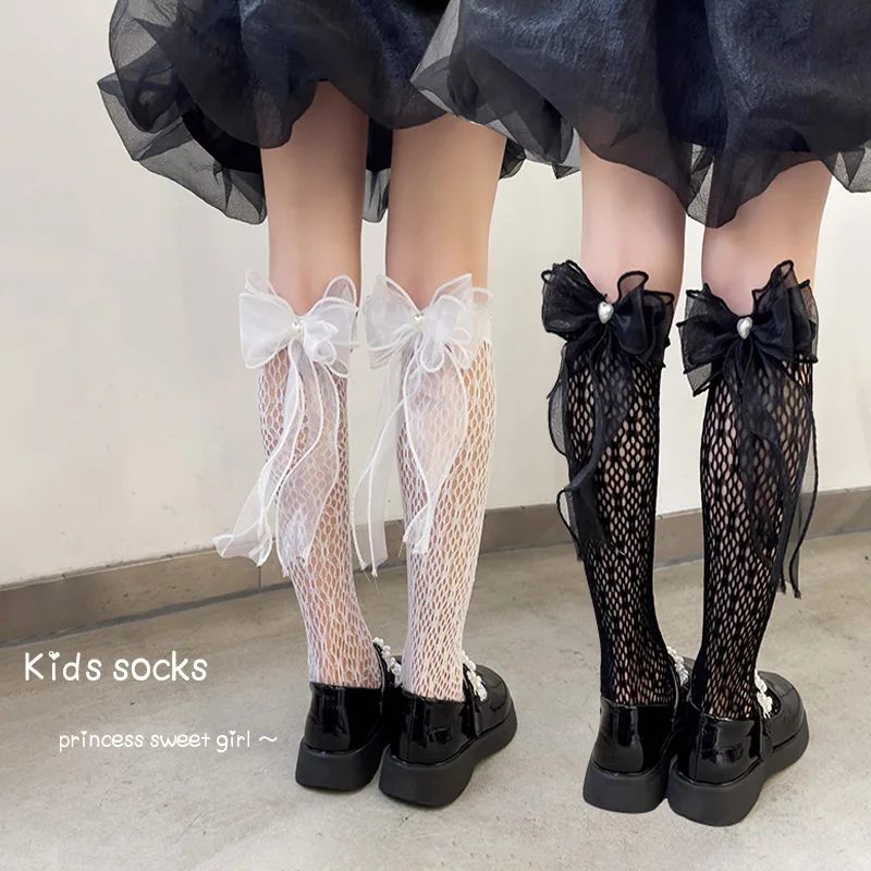 Four Season Girls' Bow Calf Socks, Breathable Mesh High Tube Socks, Lolita Japanese Style
