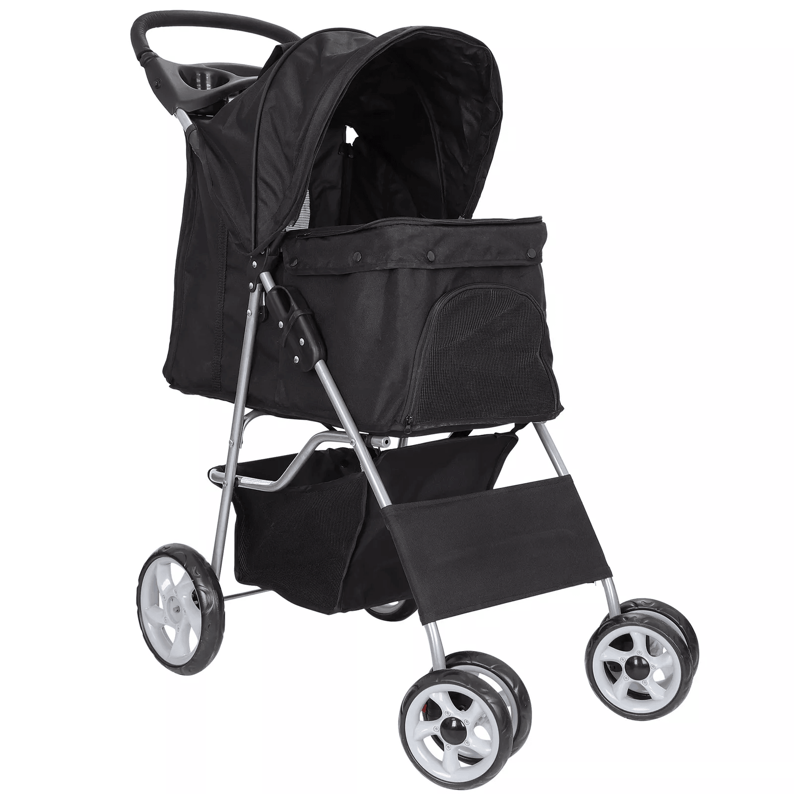 Foldable 4 Wheel Pet Stroller for Dogs & Cats, Black with Cup Holder