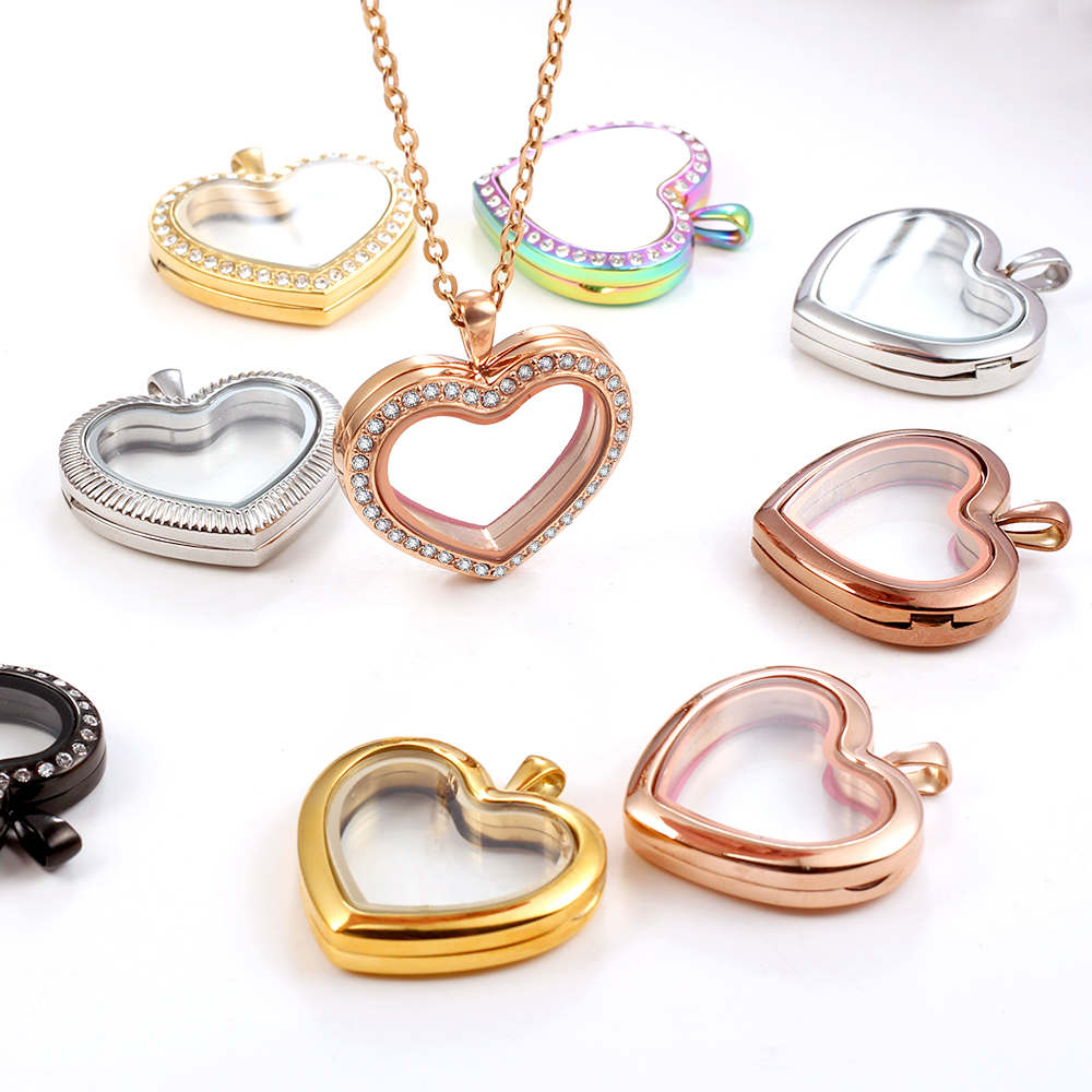 Stainless Steel Living Glass Locket, Peach Heart Floating Charm, Magnetic Closure Chain Necklace