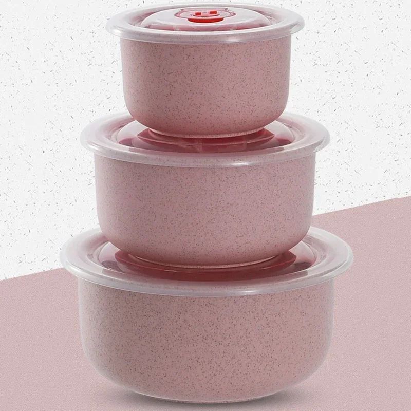3-Piece Wheat Straw Fresh-Keeping Bowl Set – Microwave-Safe Round Lunch Boxes with Lids