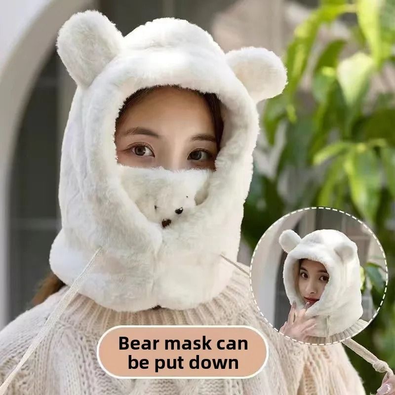 Cute Bear Plush Winter Hat with Earflaps – Warm Furry Balaclava Hood for Women and Girls