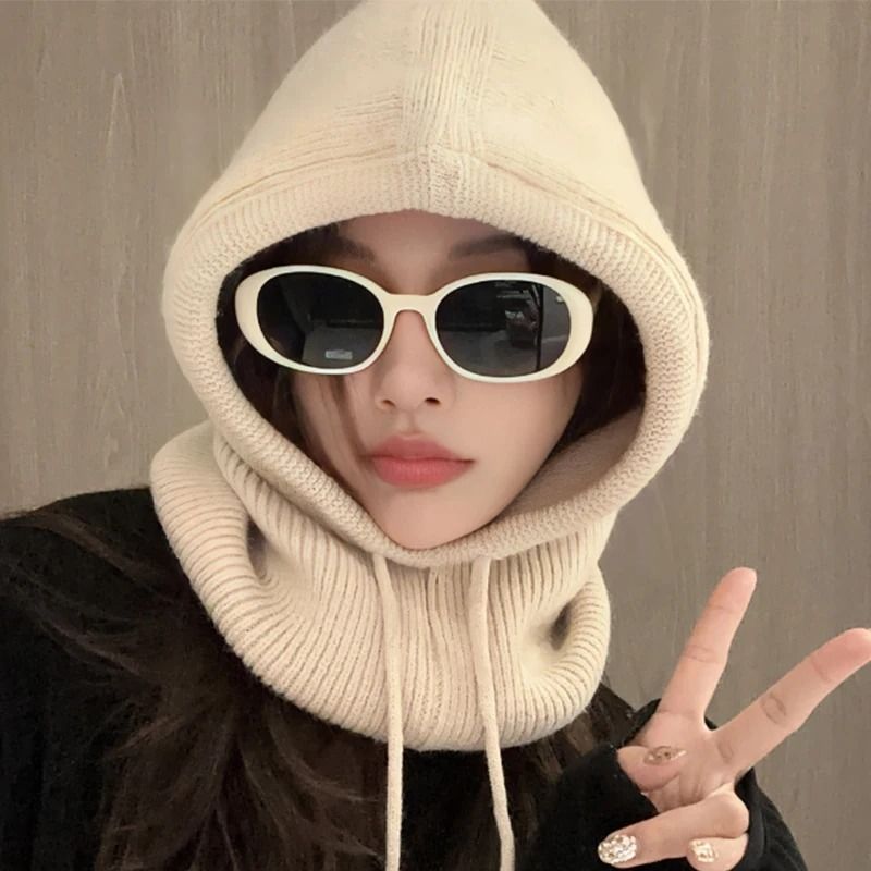 Knitted Hooded Winter Balaclava Hat for Women with Warm Neck Collar