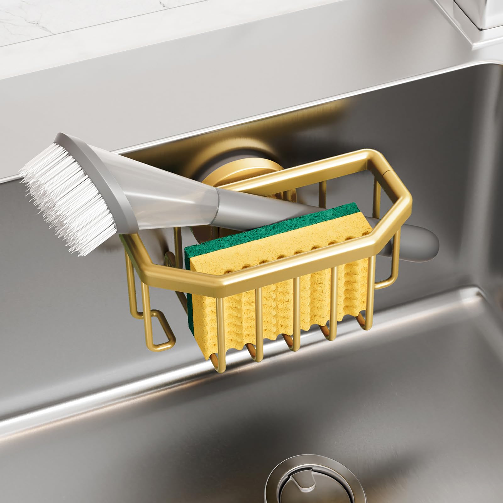 TAILI Sponge Holder for Kitchen Sink, Strong Suction Cup, Removable, Rustproof Aluminum Sink Caddy for Sponge Brush