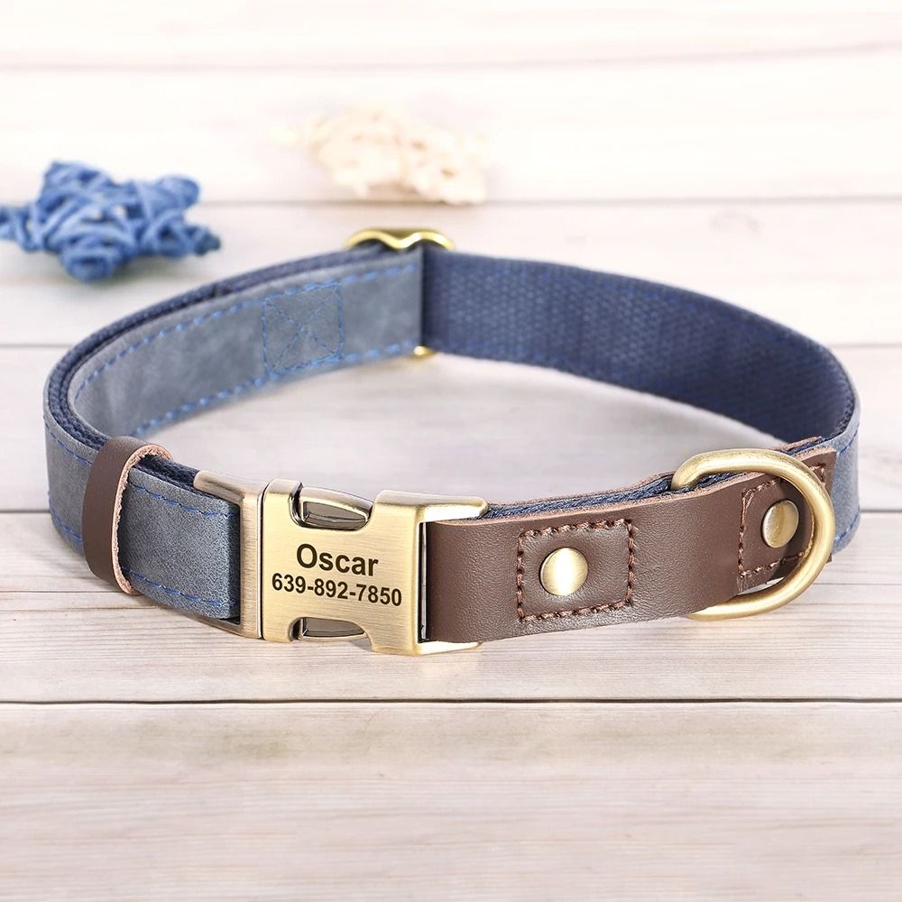 Custom Engraved PU Leather Dog Collar Adjustable ID Buckle
