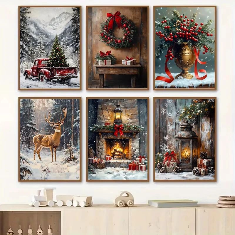 Vintage Red Truck Christmas Canvas Wall Art