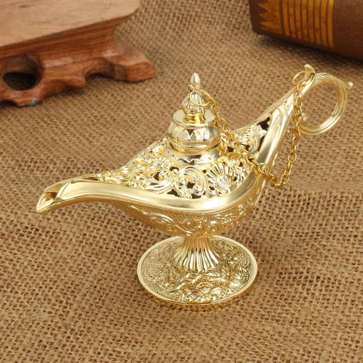 Collectable Carved Rare Genies Lamp, Gold Zinc Alloy Aladdin Lamp Model for Home Decoration