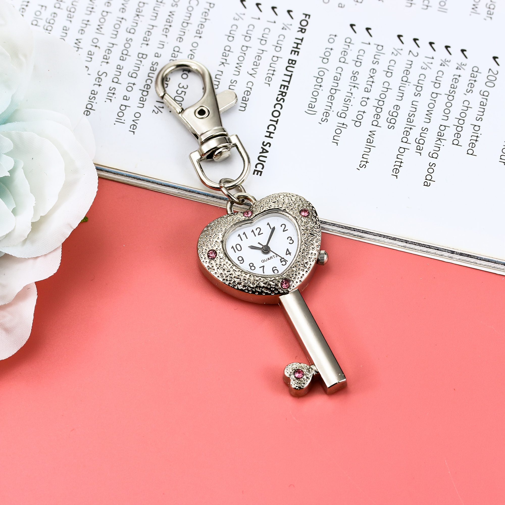 Heart Key Pocket Watch Necklace Vintage Keychain Pendant Watch for Women