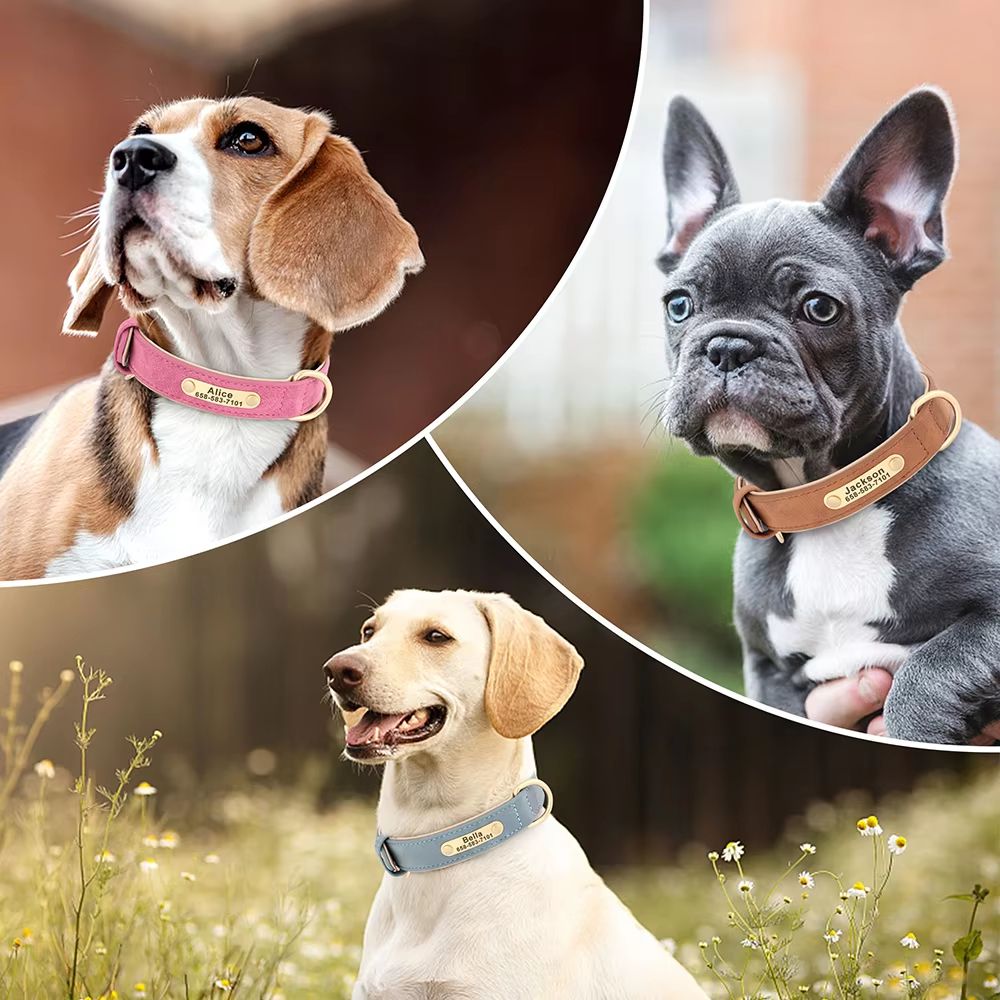 Custom Engraved PU Leather Dog Collar with Personalized ID Nameplate