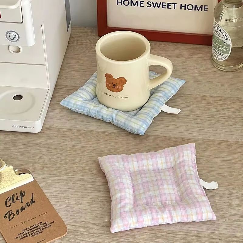 Korean Style Hand-Made Cotton Coaster Set - Checked Pattern Insulation Pad Table Mat for Home and Kitchen