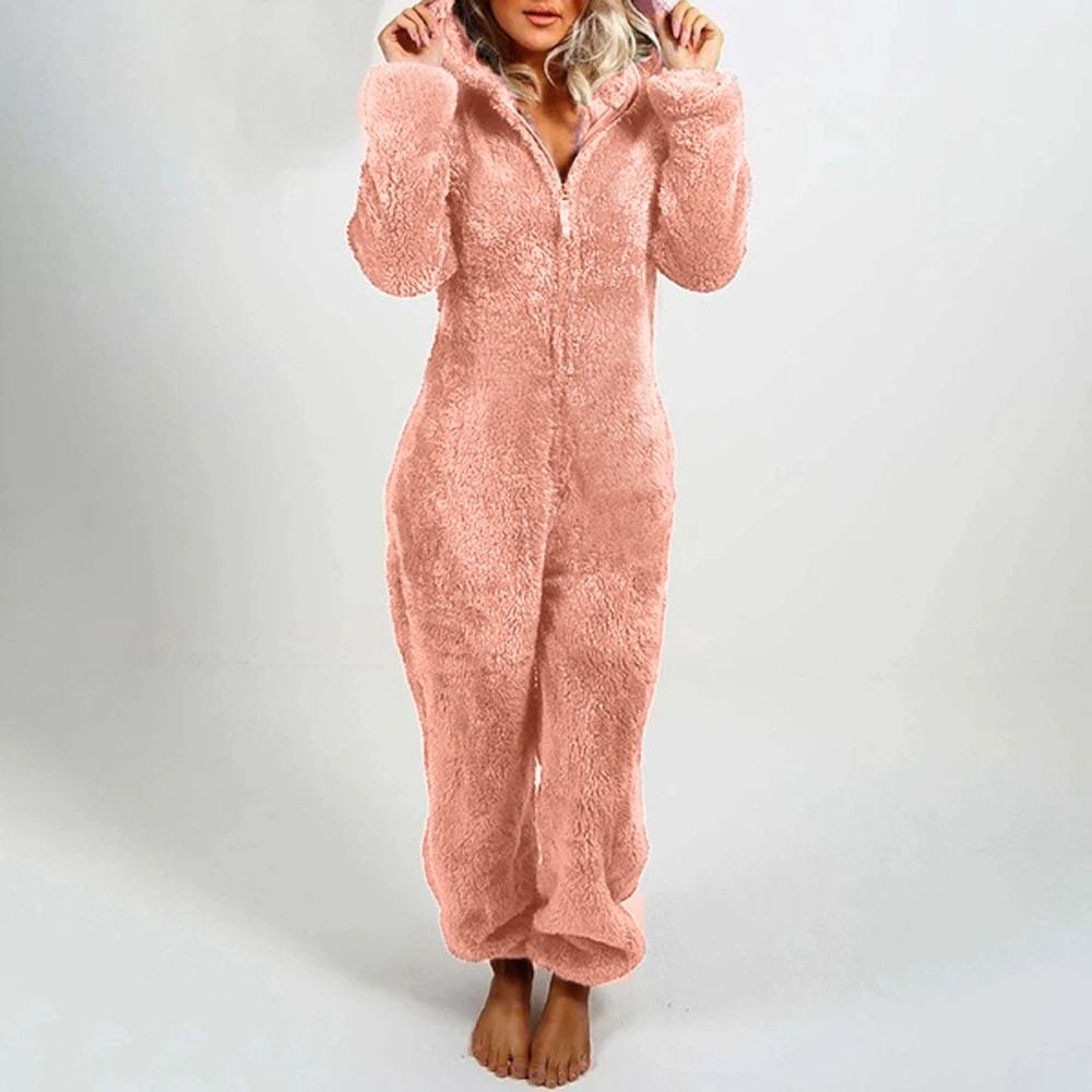 Womens Plush Flannel Pajama Romper Hooded Long Sleeve Winter Sleepwear Onesie