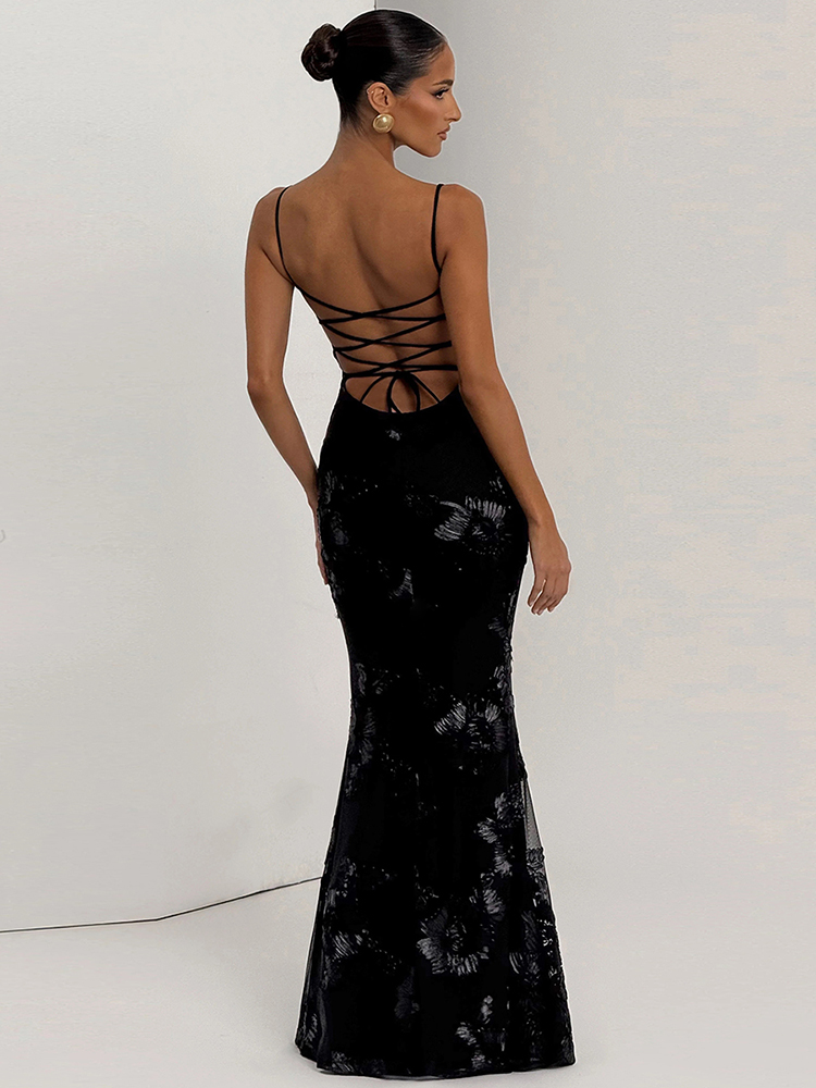 Nibber Elegant Flower Embroidery Maxi Dress Women, Low Neck Cross Bandage Backless Summer Skinny Holiday Vestidos
