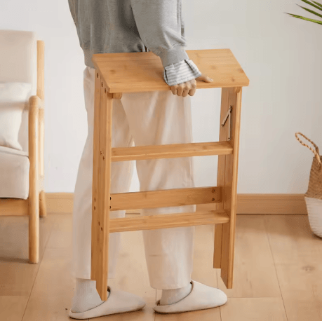 Solid Wood Folding Ladder Chair Thickened Wooden Step Stool and Folding Chair Natural Wood