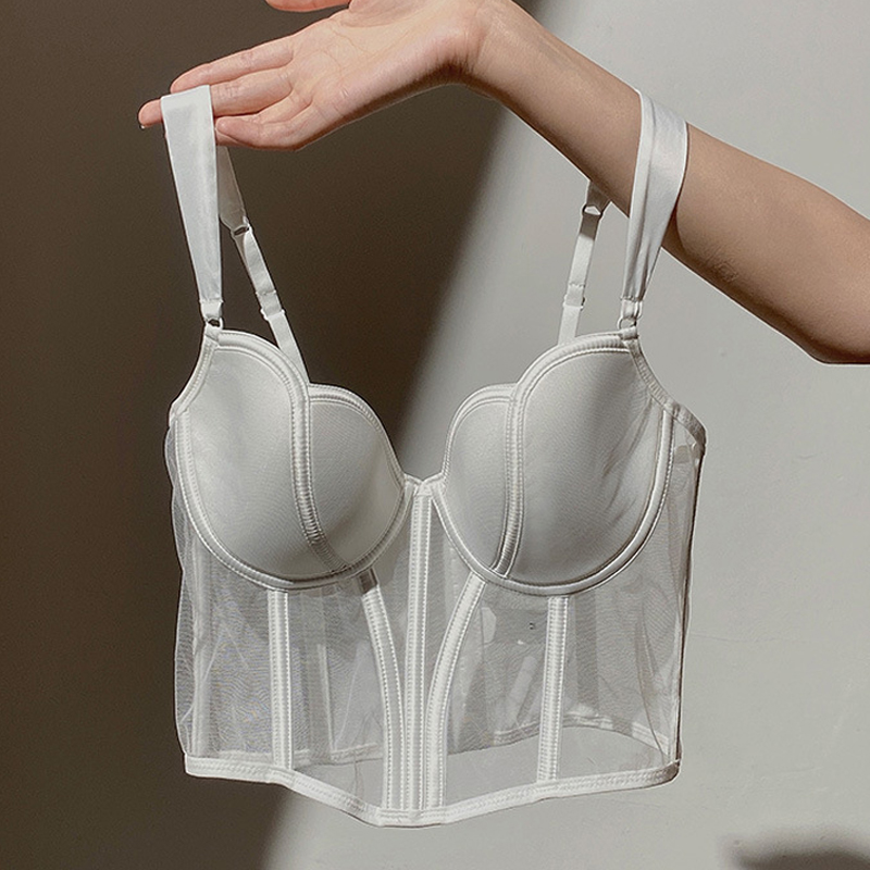 Sexy Women Push Up Bra Transparent Lace Shaper Bra French Beauty Fishbone Corset Back Underwear for Female