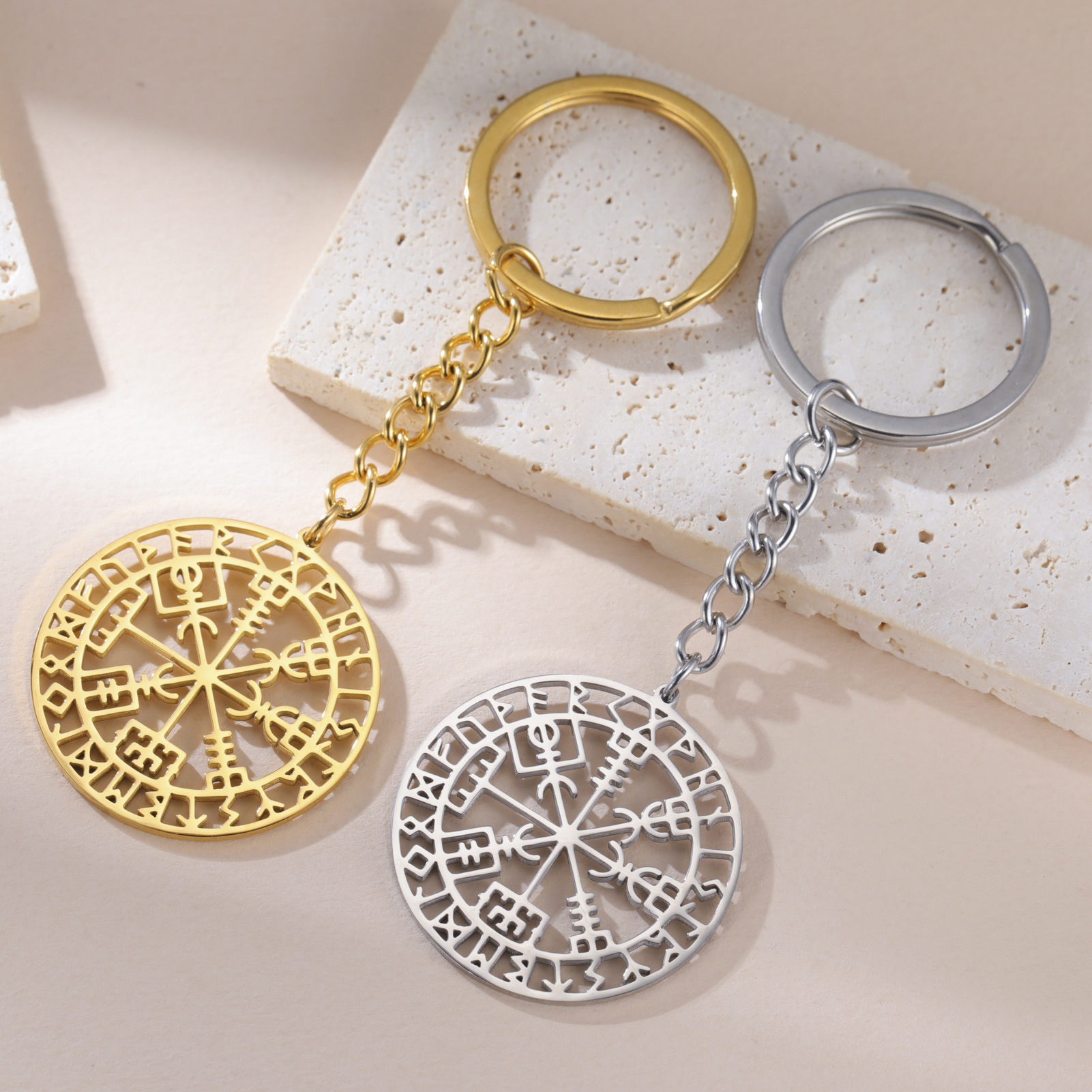 Viking Keychain Stainless Steel Norse Compass Rune Keyring
