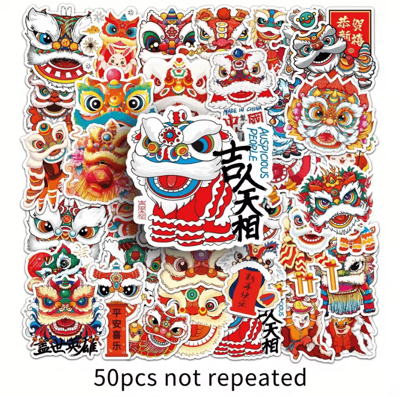 50Pcs Random Lion Dance Stickers – Chinese Style Sticker Pack with Cute Animal Decals for Scrapbooking and Decoration