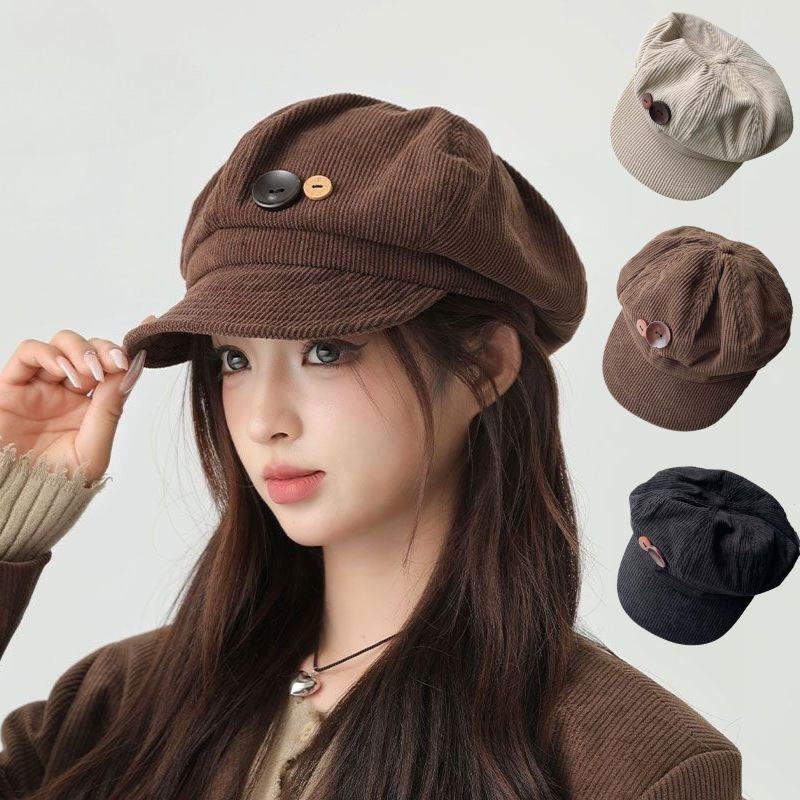 Button Vintage Corduroy Beret Hat for Women Brown Octagonal Caps Autumn Winter Painter Artist Hats Peaked Cap