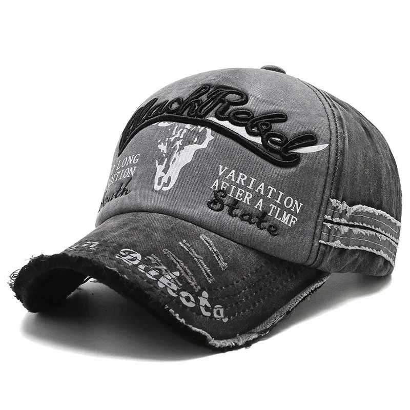 Vintage Washed Cotton Baseball Cap – Embroidered Letter Cow Head Adjustable Hat