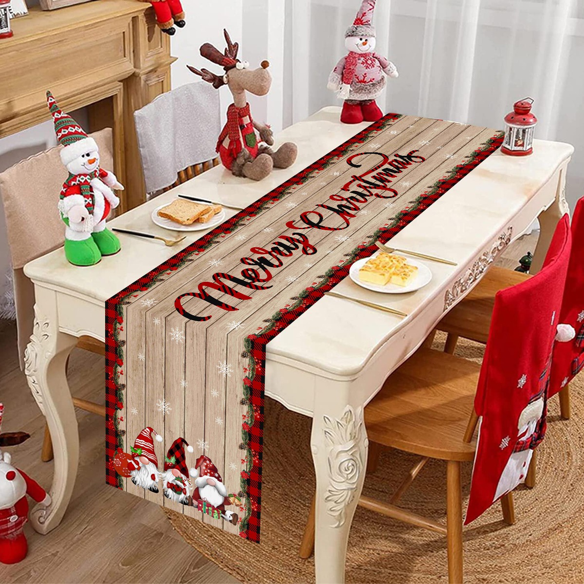 Christmas Table Runner, Wood Grain Decorations, Gnome Christmas Table Cover