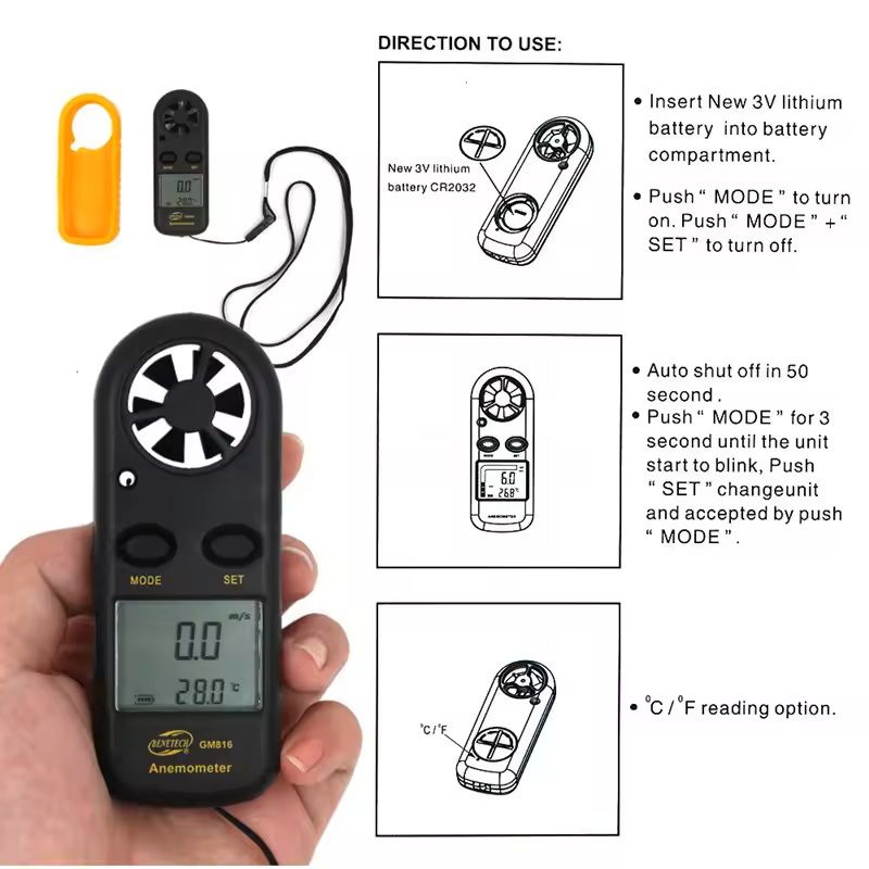 Mini Digital Anemometer with LCD and Temperature Display