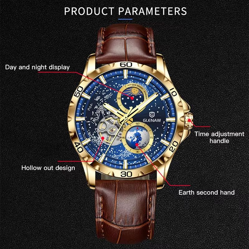 GLENAW Rotating Earth Automatic Mechanical Watch – Double Second Hand Men's Luxury Wristwatch with Starry Sky Dial and S