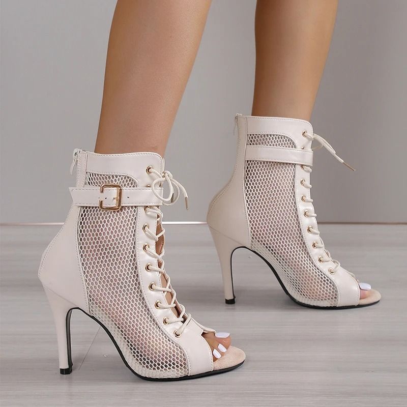 Fashion Show Mesh Lace-Up Sandals – Sexy Net Fabric Cross-Strap High Heels