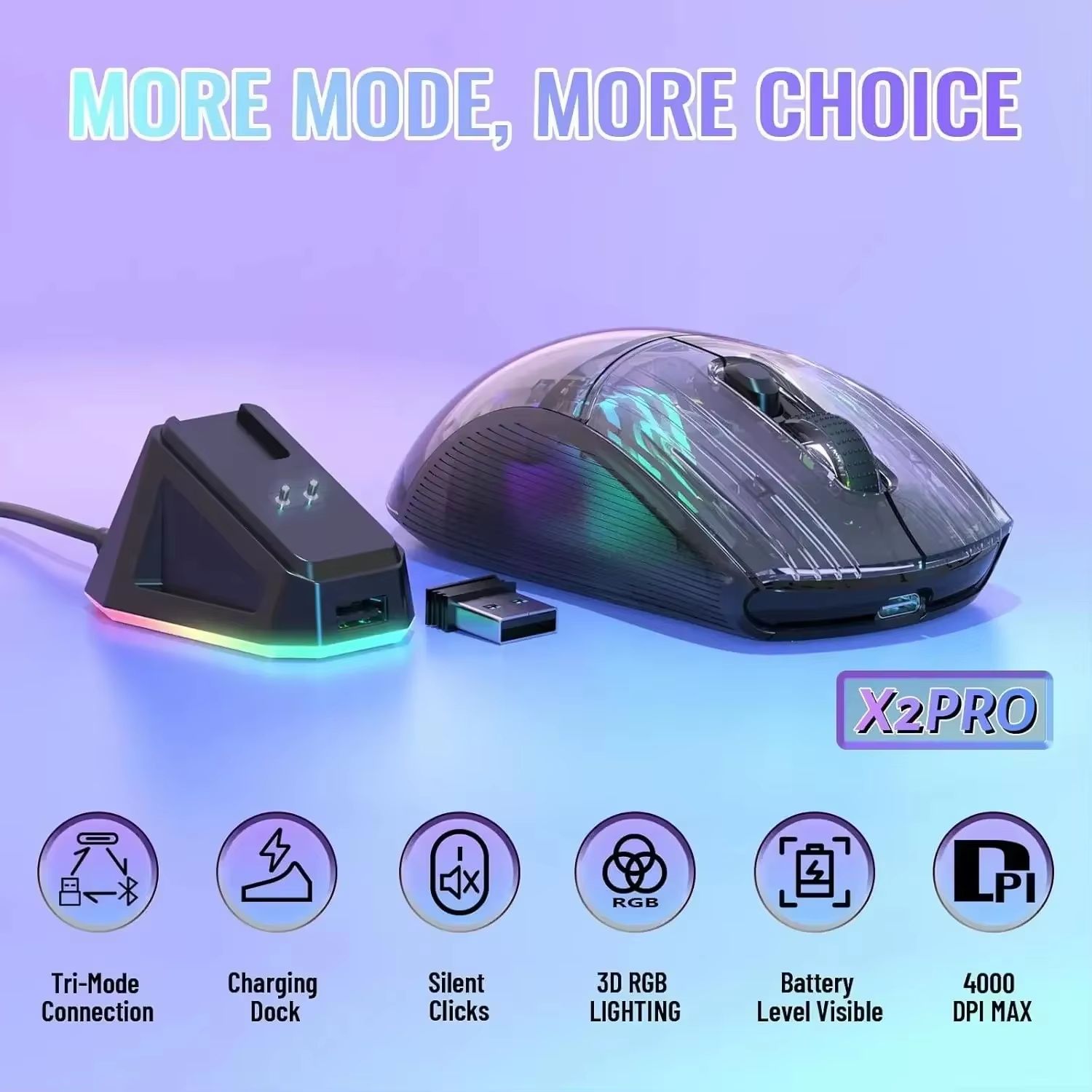 ATTACK SHARK X2 Pro Transparent Shell Wireless Gaming Mouse – Tri-Mode (2.4G / BT / Wired) with RGB Dock & Up to 4000 dp