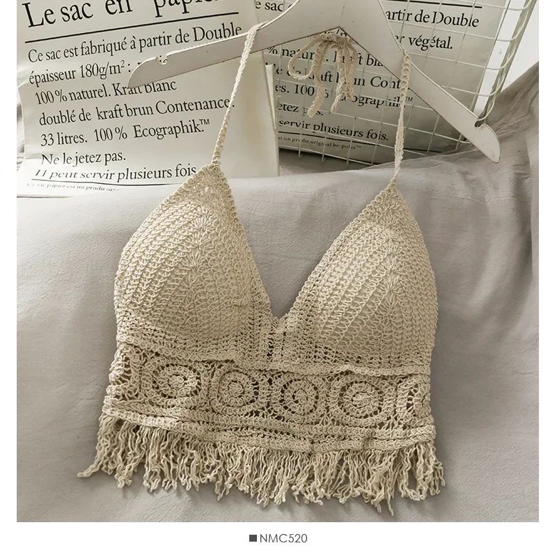 Retro Lace Halter Hollow-Out Crop Top – Tassel Beach Cami with Built-In Bra