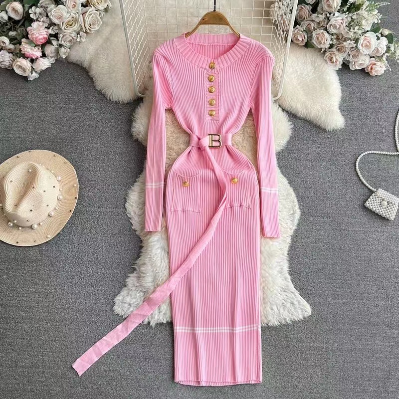 Autumn Winter New Round Collar Slim French Style Wrap Hip Dresss