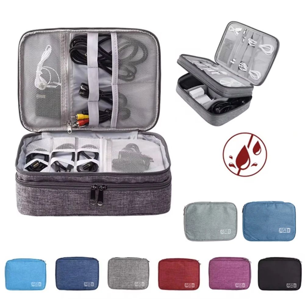 Waterproof Oxford Electronic Accessory Organizer Bag 3-Layer Travel Cable Case for Headphones, Chargers & Office Tech St