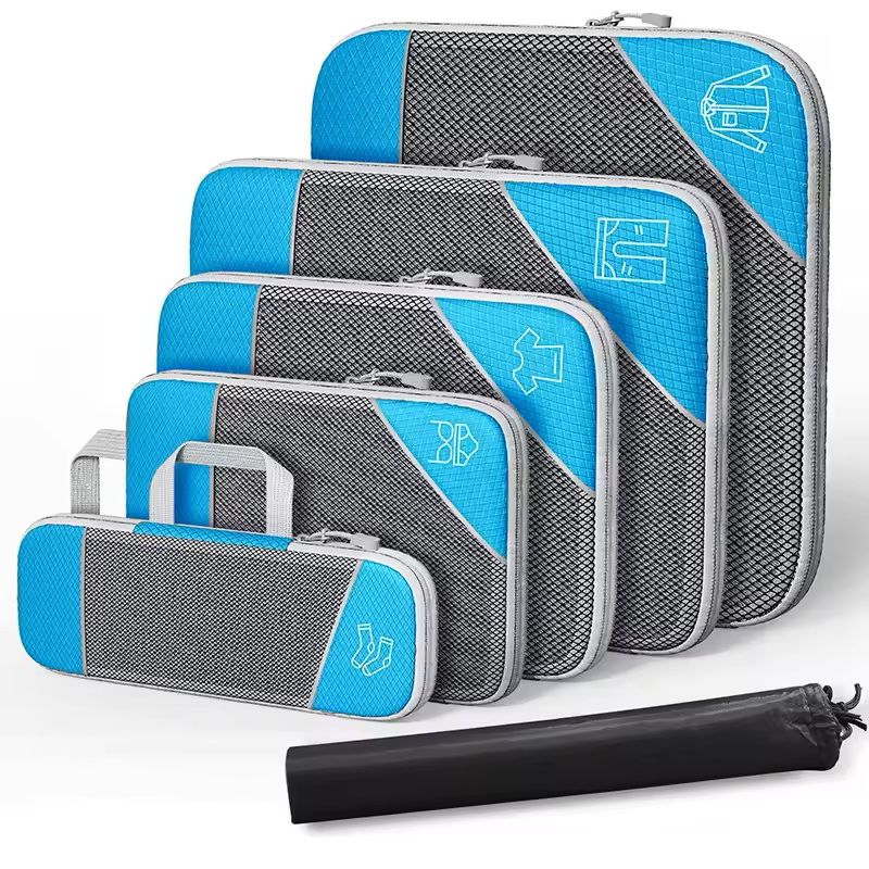 6 Piece Travel Packing Cubes Set with Shoe Bag and Mesh Windows