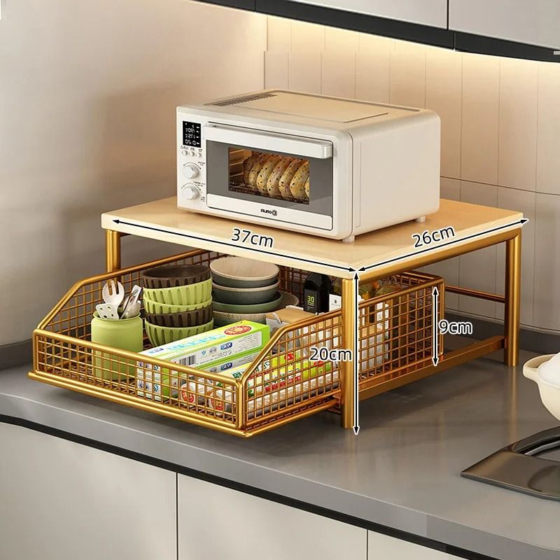 Modern Microwave Rack Countertop Kitchen Storage Shelf Wood and Metal Organizer