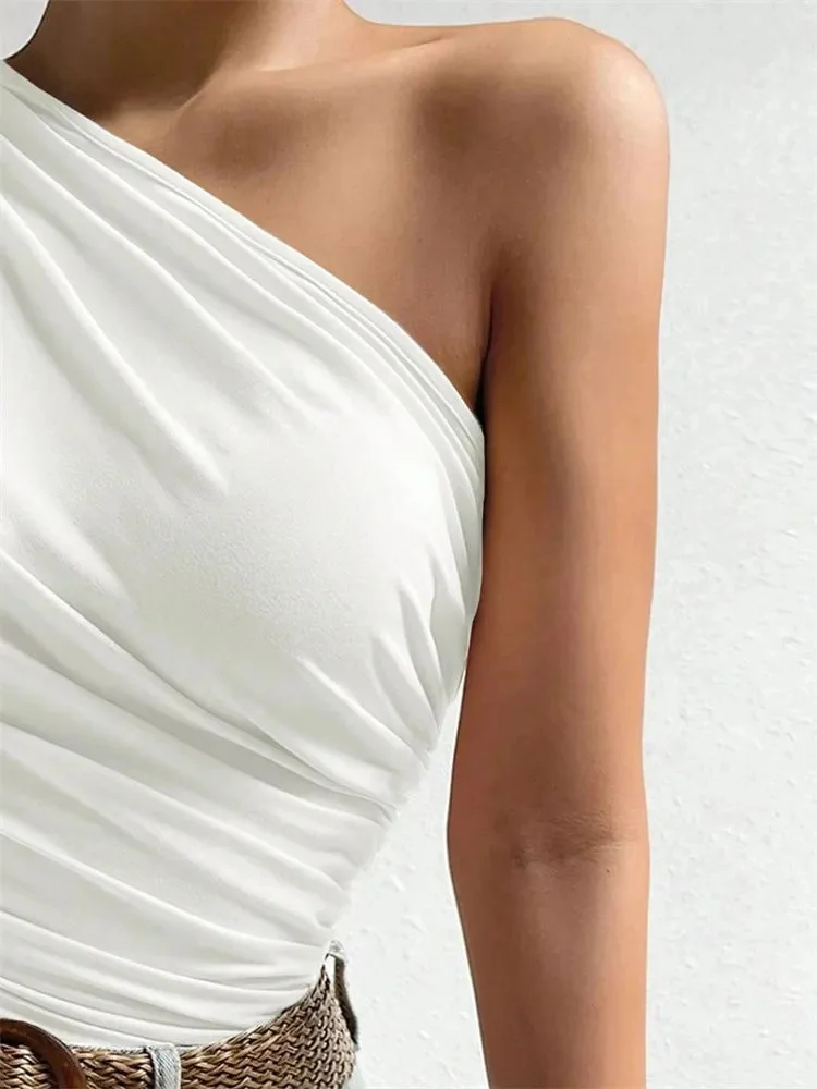 Summer One Shoulder Pleated Tank Top, Women Solid Sleeveless T-shirt, Off the Shoulder Ruched Streetwear Top