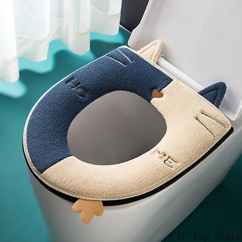 Universal Cartoon Cat Plush Toilet Mat – Thicken Thermal Cushion with Hygienic Lifting Handle