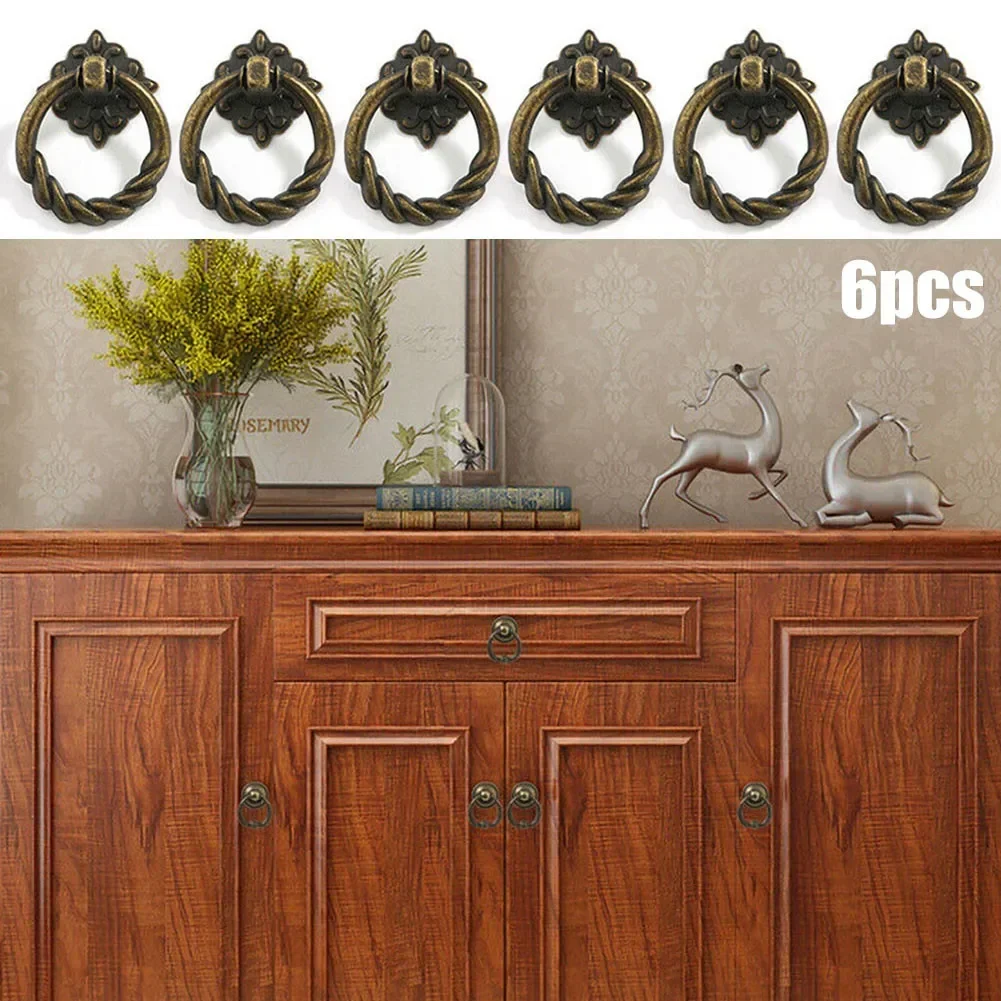 Vintage Brass Cabinet Ring Pull Handles Set of Antique Drawer Pulls for Furniture Upgrade