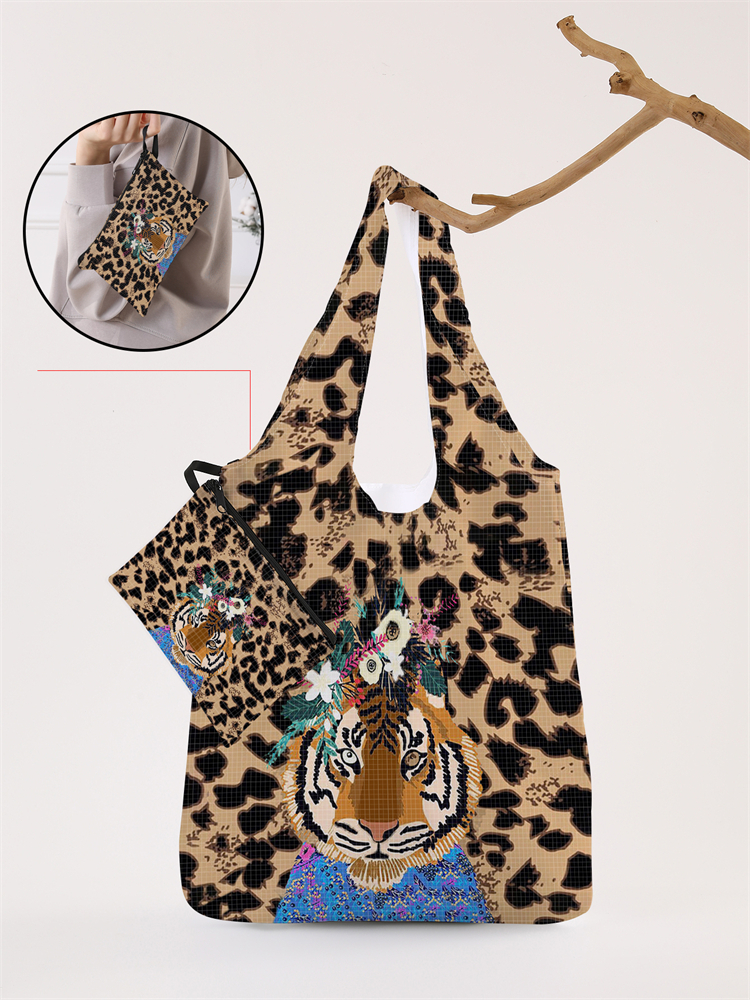 Foldable Leopard Print Reusable Shopping Bag with Large Capacity