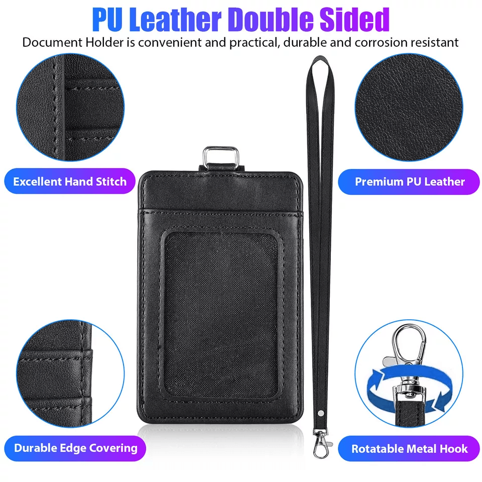 PU Leather ID Badge Card Holder with Vertical Clip & Neck Lanyard Strap Case